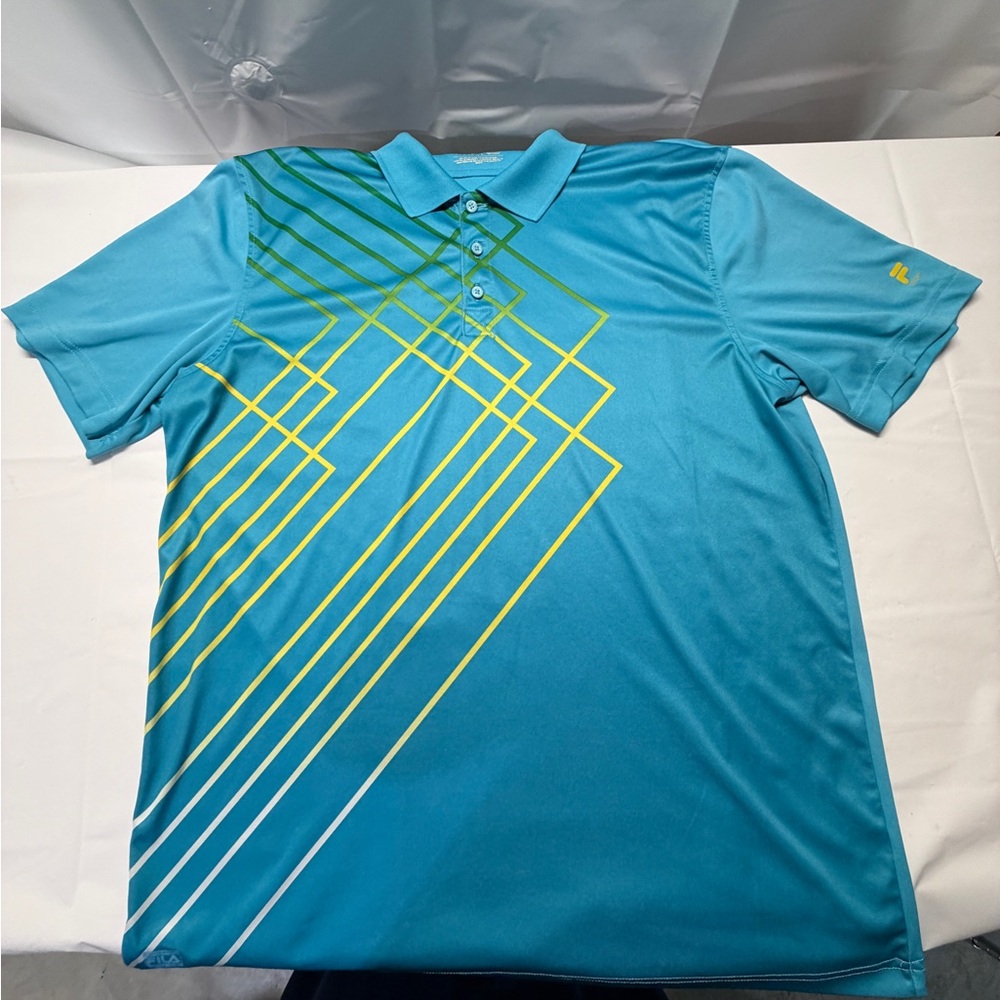Fila Teal Polo with Green and Yellow Geometric Stripes - Picture 2 of 8